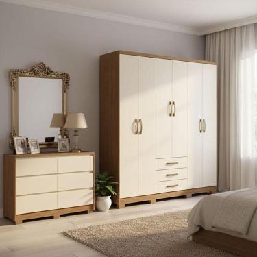 Imagem de Guarda Roupa Casal Caju 6 Portas Ambiente E Cômoda Ravenna Nature Off White - Henn
