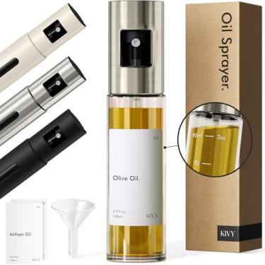Imagem de KIVY Pulverizador de óleo de vidro para cozinhar, saladas, churrascos e airfryer [com etiquetas] Spray inovador com controle de porção - frasco de spray de óleo - pulverizador de azeite de oliva de