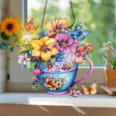 Imagem de Acrílico colorido, apanhador de sol estilo vitral estampado com flores com reflexos de arco-íris, arte de parede para decoração de janela suspensa, ornamentos de Natal para uso interno e externo 19,8