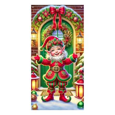 Imagem de BlissYard Capa de porta de Feliz Natal 89,5 x 188 cm, banners de porta de varanda para decoração de inverno e Natal elfo com roupa verde, laço vermelho e ornamentos para placa, decoração interna e