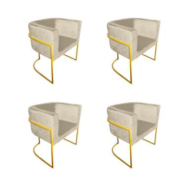 Imagem de Kit 4 Poltronas Decorativa Sala De Estar Base De Ferro Dourada Veludo Bege