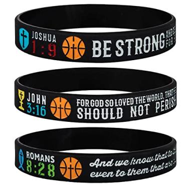 Imagem de JOLLYINSPIRE Pulseiras de silicone da Bíblia de basquete Power of Faith com Josué 1:9, João 3:16, Romanos 8:28, frases motivacionais, conjunto 3 de pulseiras escrituras, presentes esportivos para