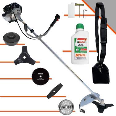 Imagem de Roçadeira Multifunções Toyama TBC43H 43cc 2T 1,7HP 12.000rpm Com Carretel e Faca 3 Pontas + Faca 2 Pontas, Faca 40 Dentes, Faca 80 Dentes + ÓLEO STIHL
