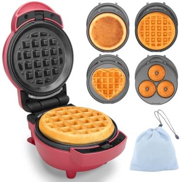Imagem de Baker's Friend Conjunto de máquina de waffle 4 em 1: Mini donut e máquina de waffle, pratos removíveis, compacto, receita incluída, vermelho