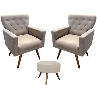 Imagem de Kit 2 Poltronas Decorativa Aurora + 1 Puff Redondo Suede Bege Pés Made