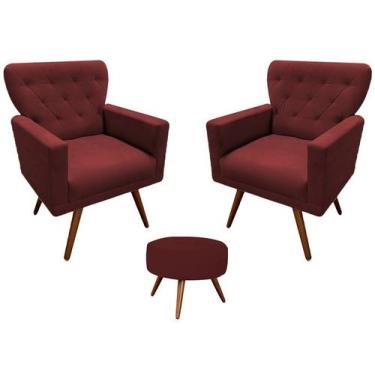 Imagem de Kit 2 Poltronas Decorativa Aurora + 1 Puff Redondo Suede Marsala Pés M