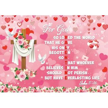 Imagem de Pano de fundo cristão de Dia dos Namorados para Deus João 3:16 Feliz Dia dos Namorados Fundo fotográfico Jesus crucifixo religioso faixa de igreja para sala de aula, escola, decoração de casa (304,8 x