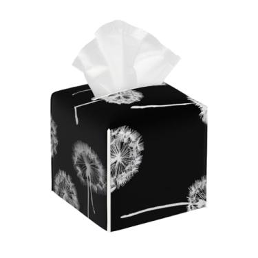 Imagem de Capa quadrada de couro para caixa de lenços à prova d'água, estampa de dente-de-leão, organizador de papel facial preto com cinto inferior, estojo de lenços para mesa, banheiro, escritório, mesa