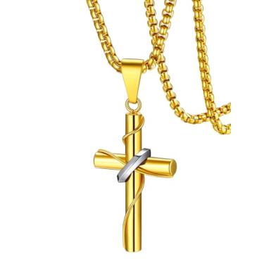 Imagem de FaithHeart Colar com cruz para homens, prata/preto/dourado, aço inoxidável, com corrente de caixa de 55 + 5 cm, joia cristã para presente masculino, Aço inoxidável, Sem Pedra Preciosa