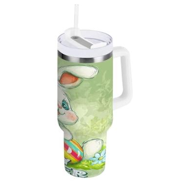 Imagem de ATTX Copo de coelho da Páscoa de 1,134 g com alça, copo de aço inoxidável a vácuo de parede dupla com palha, caneca de café de viagem isolada #239