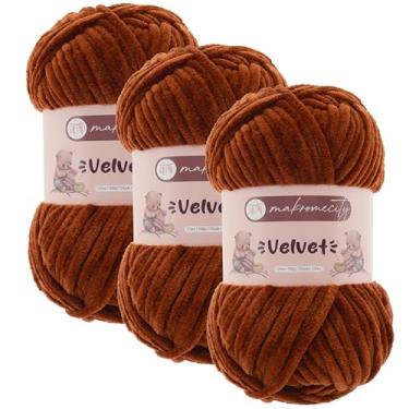 Imagem de Makromecity 3 novelos de fio de veludo 100 g (3,5 oz) / 120 m (132 jardas) fio de chenille premium 100% poliéster, ultra macio, antibolinhas, lavável na máquina, 30 cores para tricô e crochê (tijolo