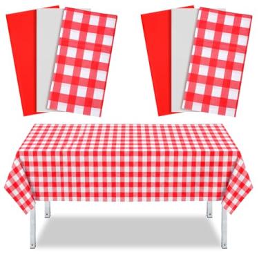 Imagem de Hahafelt Pacote com 6 toalhas de mesa descartáveis de Ação de Graças, 137 x 274 cm, tema de fazenda, outono, outono, toalha de mesa retangular, vermelha, branca, para decoração de festa de aniversário