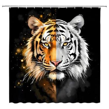 Imagem de UOZXOML Cortina de chuveiro tigre dourada e cinza legal gato grande animal safári vida selvagem menino masculino tecido decoração de banheiro cortinas com ganchos, 70 x 70