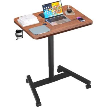 Imagem de MPETAPT Mesa móvel de 71 cm, altura ajustável com suporte para copos, mesa de pé portátil com rodas bloqueáveis, mesa de rodinhas para casa, escritório, sala de aula, hospital (nogueira)