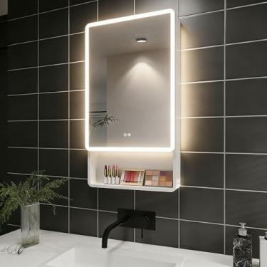 Imagem de basenji Armário de remédios iluminado de 48 cm x 89 cm, espelho de banheiro com interruptor antiembaçamento para tela sensível ao toque, armário de alumínio com brilho ajustável para banheiro