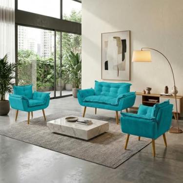 Imagem de Kit Namoradeira Decorativa + 2 Poltronas Para Sala Consultório Recepção Alice Suede Azul Turquesa