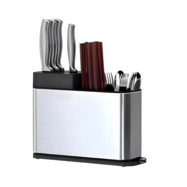 Imagem de Suporte Escorredor Porta Talheres Multiuso em Aço Inoxidável, Organizador de Utensílios com 6 Divisórias, Sistema de Drenagem Lateral, Base Removível, Design Compacto 15,5x17x8cm, Cor Preto e Prata