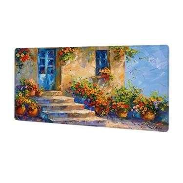 Imagem de Tapete de rato grande com pintura de flores para casa à prova d'água, tapete protetor de mesa estendido para computador, base de borracha antiderrapante para escritório, computador, teclado, laptop e