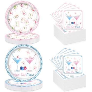 Imagem de LOVSME 80 peças de artigos de festa de Mahjong, decorações de Mahjong descartáveis para jantar de festa incluem 40 pratos e 40 guardanapos para aniversário de família, tema de noite de jogo elegante