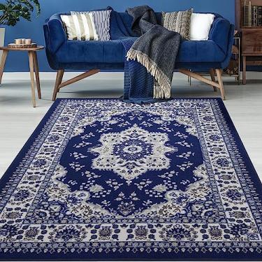 Imagem de Antep Rugs Tapetes Alfombras Oriental Tradicional 3x5 Antiderrapante (Antiderrapante) Base de borracha de perfil baixo Tapetes para área interna (azul marinho, 90 x 15 cm)