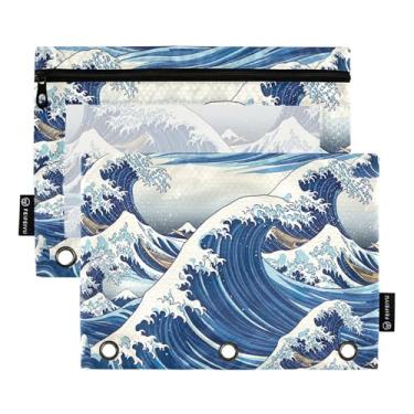 Imagem de GAIGEO Pasta de lápis com 3 anéis, azul, ondas do oceano, com zíper, fichário escolar, bolsos transparentes, zíper 25 x 18 cm, 2 pacotes
