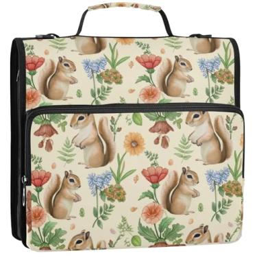 Imagem de Organizador de fichário com zíper para documentos, fichários de 3 cm, 3 anéis, esquilos, flores silvestres, folhas silvestres, vários bolsos, pastas grandes com alça, bolsa de ensino médio, 34,5 x