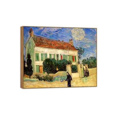 Imagem de Vincent van Gogh Famosa pintura em tela de arte de parede pronta para pendurar. Casa branca à noite. Imagem em moldura de madeira para decoração de sala de estar 40 x 50 cm 16 x 20 pol