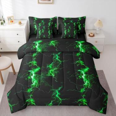 Imagem de Erosebridal Conjunto completo de edredom com estampa de relâmpago, preto, verde, 7 peças | Cama estética com luz neon em uma bolsa para quarto, arte moderna abstrata, conjunto de cama com edredom