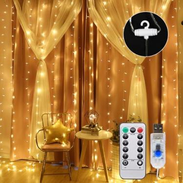 Imagem de 300LEDs Luzes de Cortina em Cordoalha Fios Cobre Fadas com 8 Modos Iluminação 4 Controle Música Remoto USB Powered Decorativas Penduradas para Casamen