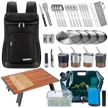 Imagem de Conjunto de mochila de piquenique com mesa dobrável, bolsa de água, caixa de gelo térmica e utensílios de aço inoxidável – Equipamento portátil de acampamento ao ar livre para piqueniques e caminhadas