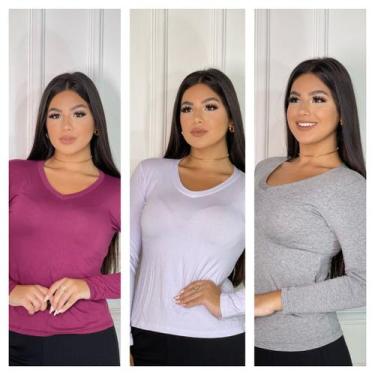 Imagem de Kit 3 gola v manga longa básica - GK TODA BELA, Vinho, Cinza, Branco, 