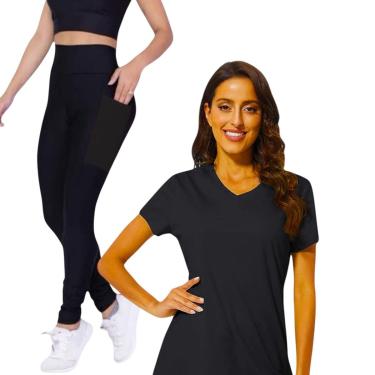 Imagem de Conjunto CAMISETA Blusinha DRY MALHA FRIA POLIAMIDA + Calça LEGGING BOLSOS Academia Fitnes 534-Feminino