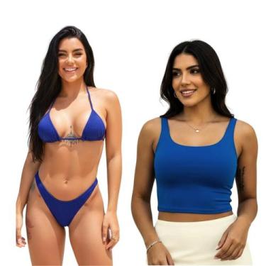 Imagem de Kit Top Cropped Regata + Biquini Cortininha fio dental Cor:Azul RoyalT