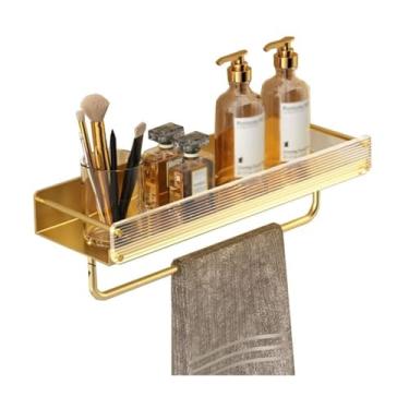 Imagem de Prateleiras de banheiro de ouro com barra de toalha, prateleiras de banheiro montadas na parede com cercas frontais de acrílico, prateleiras de armazenamento decorativas de alumínio modernas para