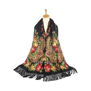 Imagem de Lenço Estampado Floral Estilo Russo Feminino Retrô Com Franjas Xale Uc