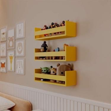 Imagem de Kit 3 Prateleiras Porta Brinquedos Amarela 70 X 12cm Suporte Invisivel