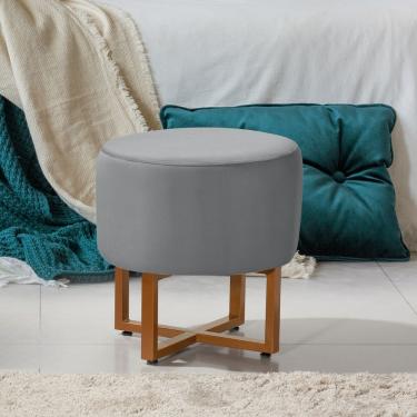 Imagem de Puff Banqueta Pequim Redondo com Assento em Espuma e Revestimento em Veludo Cinza
