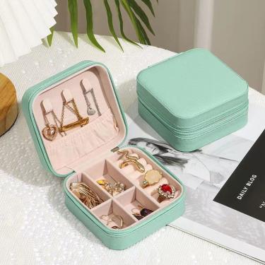 Imagem de Porta-Jóias Duplo Mini Portátil Organizador Multifuncional em Couro Sintético e Veludo Verde Ciano OEM