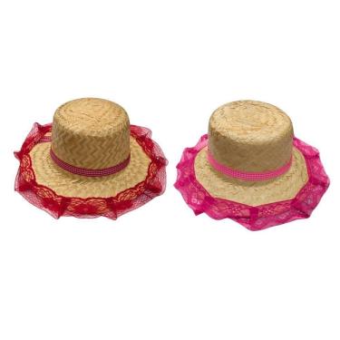 Imagem de Chapéu de Palha Junino Sobral com Renda Luiz Gonzaga 8X28CM 01 Unidade Rosa Vermelho