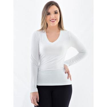 Imagem de Blusa Decote V Lisa Manga Longa Viscolycra Anistia Branca, M