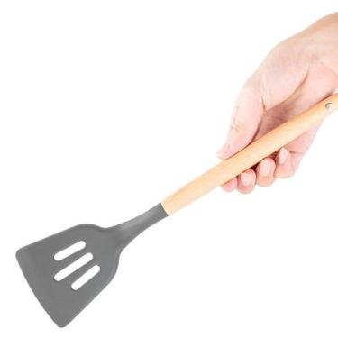 Imagem de Espátula Silicone Cabo de Madeira Cinza Vazada para Frituras 31cm - BI