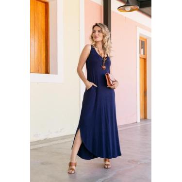 Imagem de Vestido Longo Regata Liso Feminino  - List+, G, Azul marinho