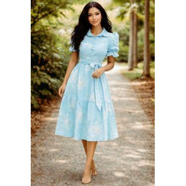 Imagem de Vestido Laise 100% Algodão Maxi Midi Floral Terra Prometida Cor:AzulTa