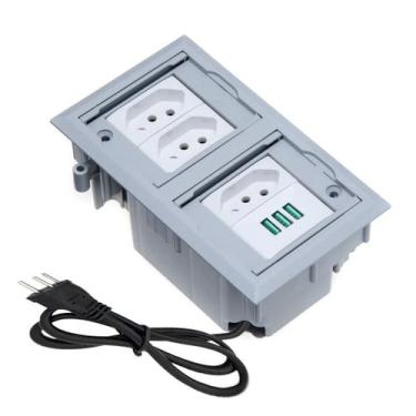 Imagem de Caixa De Tomada 4 Blocos Embutir 3 Tomadas 20A 3 USB 5.2A Cinza - CONN