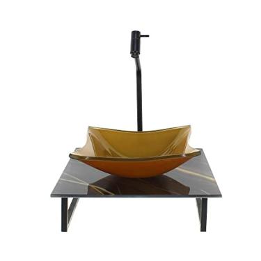 Imagem de KIT CUBA DE VIDRO QUADRADA 10MM COM TAMPO DE VIDRO 40CM X 40CM MÁRMORE PRETO DOURADO E SUPORTE PRETO