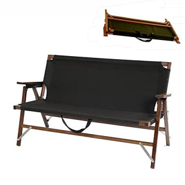 Imagem de Cadeira de acampamento dupla dobrável portátil para 2 pessoas com apoio de braço de madeira para piquenique de viagem ao ar livre, dobrável, preto, 116 * 43 * 63,5 cm