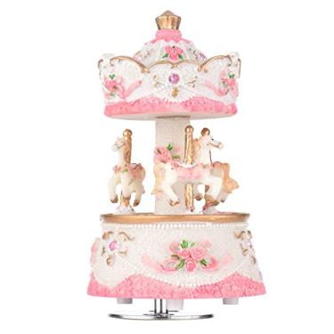 Imagem de Qudai Laxury Windup 3-cavalo carrossel caixa de música Artware/presente melodia castelo à sombra de rosa/roxo/azul/ouro do céu para a opção S