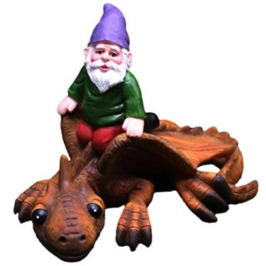 Imagem de Estátua de jardim de resina de dinossauro, ornamento de gnomo de paisagem de personalidade, gnomo montando dinossauro escultura de jardim para pátio de natal, gramado, decorações de varanda