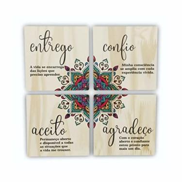 Imagem de Kit Conjunto Com 4 Quadros De Madeira Meditação Mantra Entrego Confio Aceito e Agradeço