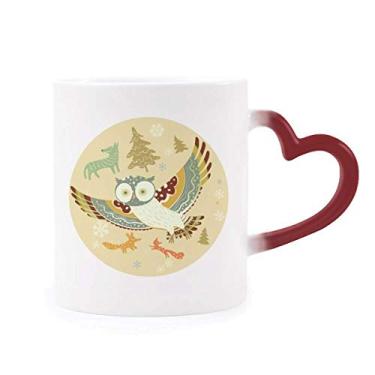 Imagem de Linda caneca de grés com estampa floral e corujas de pássaros sensíveis ao calor que muda de cor vermelha